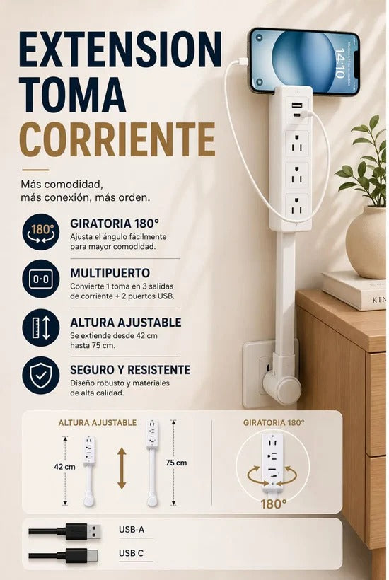 EnchufeFlex 360™ - Extensor de Pared Inteligente Giratorio 180°